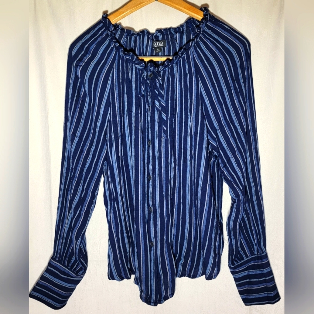 Ana womens blouse size medium blue striped Tie Accent Button Down Front